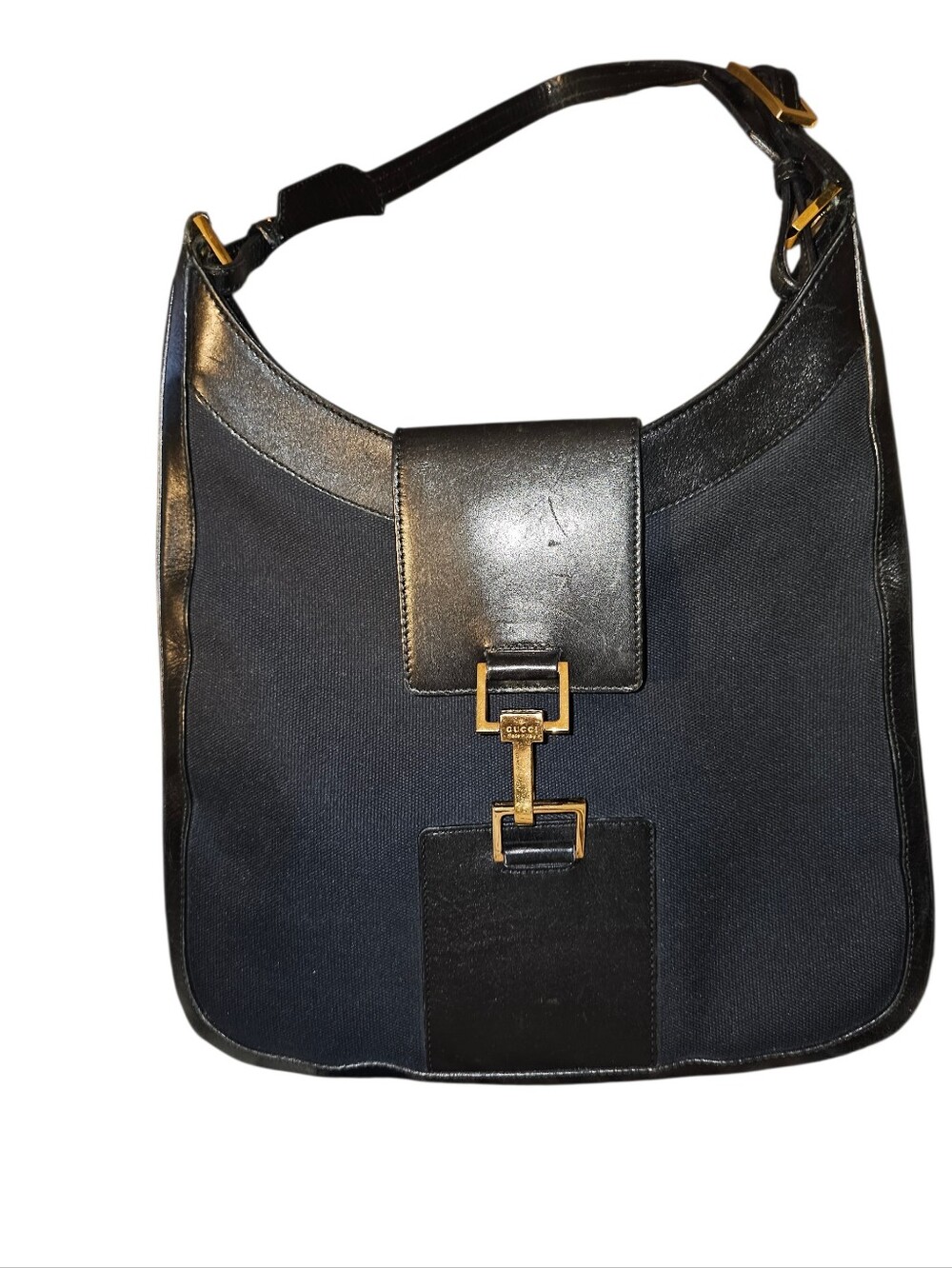 Authentic Vintage Gucci Jackie Black Canvas, Leather Shoulder Bag,Gold Hardware